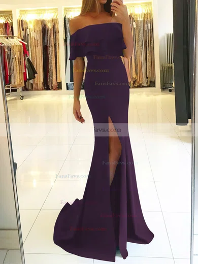 Trumpet/Mermaid Off-the-shoulder Silk-like Satin Sweep Train Split Front Prom Dresses #Favs020105701
