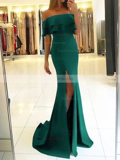 Trumpet/Mermaid Off-the-shoulder Silk-like Satin Sweep Train Split Front Prom Dresses #Favs020105701