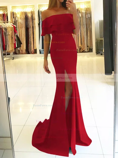 Trumpet/Mermaid Off-the-shoulder Silk-like Satin Sweep Train Split Front Prom Dresses #Favs020105701