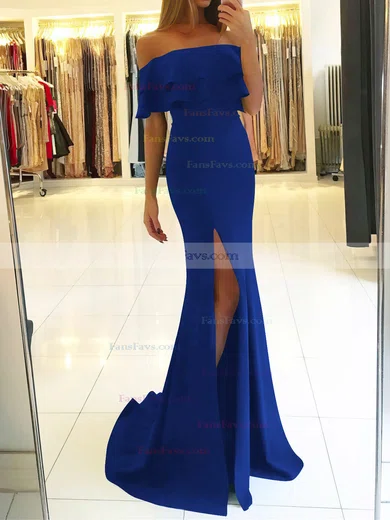 Trumpet/Mermaid Off-the-shoulder Silk-like Satin Sweep Train Split Front Prom Dresses #Favs020105701