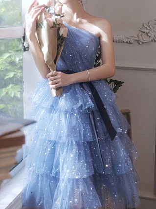 A-line One Shoulder Glitter Knee-length Homecoming Dresses With Sashes / Ribbons #Favs020110012 A-line One Shoulder Glitter Knee-length Homecoming Dresses With Sashes / Ribbons #Favs020110012