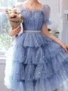 A-line Square Neckline Glitter Knee-length Homecoming Dresses With Sashes / Ribbons #Favs020110013