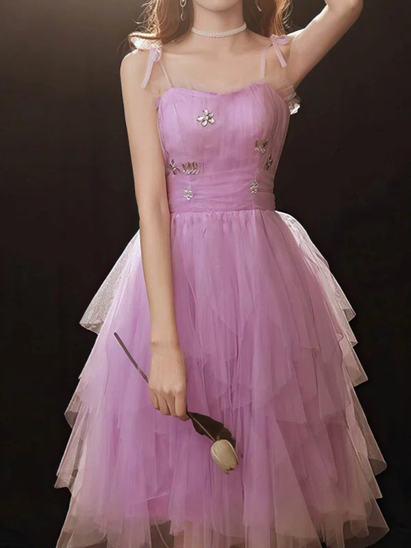 A-line Square Neckline Tulle Knee-length Homecoming Dresses With Crystal Detailing #Favs020110018