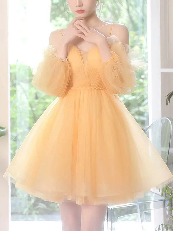 A-line V-neck Tulle Short/Mini Homecoming Dresses With Sashes / Ribbons #Favs020110020