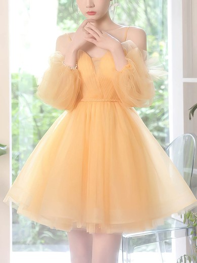 A-line V-neck Tulle Short/Mini Homecoming Dresses With Sashes / Ribbons #Favs020110020