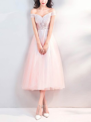 A-line Off-the-shoulder Tulle Tea-length Homecoming Dresses With Lace #Favs020110023