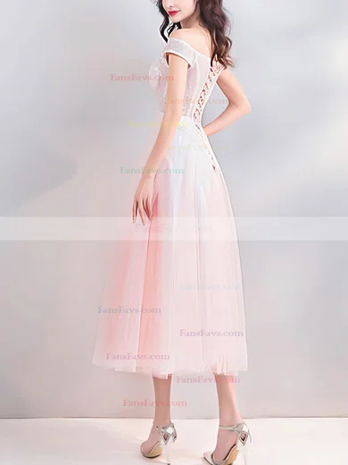 A-line Off-the-shoulder Tulle Tea-length Homecoming Dresses With Lace #Favs020110023