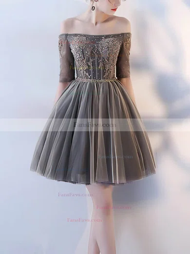 A-line Off-the-shoulder Tulle Short/Mini Homecoming Dresses With Beading #Favs020110031