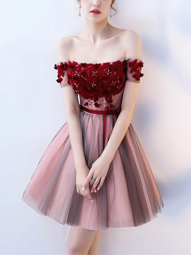 A-line Off-the-shoulder Tulle Short/Mini Homecoming Dresses With Lace #Favs020110033