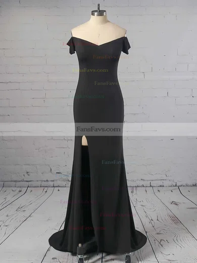 Sheath/Column Off-the-shoulder Jersey Sweep Train Split Front Prom Dresses #Favs020105720