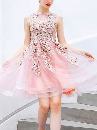 A-line Scoop Neck Tulle Short/Mini Homecoming Dresses With Lace #Favs020110037 A-line Scoop Neck Tulle Short/Mini Homecoming Dresses With Lace #Favs020110037
