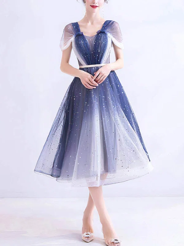 A-line Off-the-shoulder Tulle Tea-length Homecoming Dresses With Beading #Favs020110041