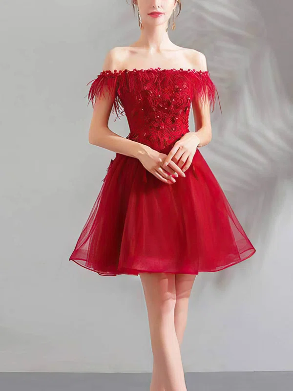 A-line Off-the-shoulder Lace Tulle Short/Mini Homecoming Dresses With Appliques Lace #Favs020110042