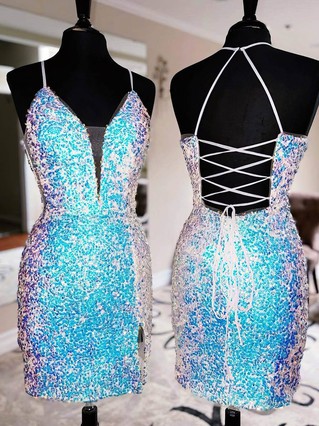 Sheath/Column V-neck Sequined Short/Mini Homecoming Dresses With Split Front #Favs020110043