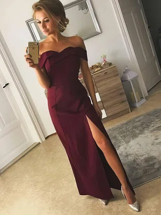 Sheath/Column Off-the-shoulder Silk-like Satin Ankle-length Split Front Prom Dresses #Favs020105722 Sheath/Column Off-the-shoulder Silk-like Satin Ankle-length Split Front Prom Dresses #Favs020105722
