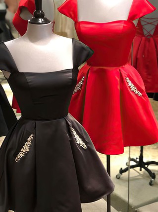 A-line Square Neckline Satin Short/Mini Homecoming Dresses With Pockets #Favs020110056 A-line Square Neckline Satin Short/Mini Homecoming Dresses With Pockets #Favs020110056