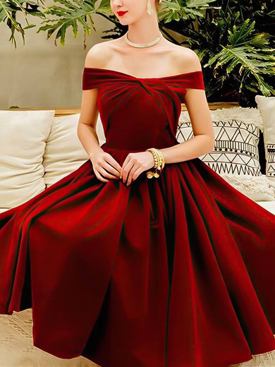 A-line Off-the-shoulder Velvet Tea-length Homecoming Dresses #Favs020110062