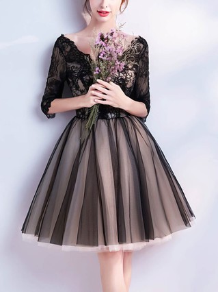 A-line V-neck Lace Tulle Knee-length Homecoming Dresses With Appliques Lace #Favs020110064 A-line V-neck Lace Tulle Knee-length Homecoming Dresses With Appliques Lace #Favs020110064