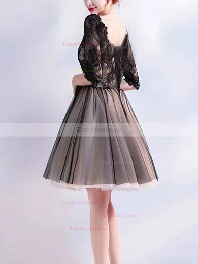A-line V-neck Lace Tulle Knee-length Homecoming Dresses With Appliques Lace #Favs020110064