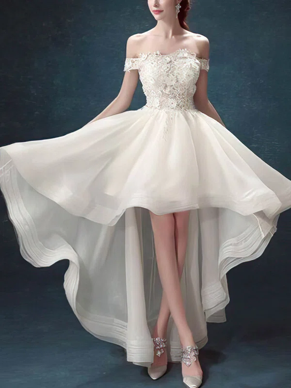 A-line Off-the-shoulder Lace Tulle Asymmetrical Homecoming Dresses With Appliques Lace #Favs020110065