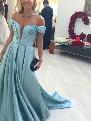 Princess Off-the-shoulder Satin Sweep Train Ruffles Prom Dresses #Favs020105724 Princess Off-the-shoulder Satin Sweep Train Ruffles Prom Dresses #Favs020105724