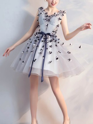A-line V-neck Lace Tulle Short/Mini Homecoming Dresses With Flower(s) #Favs020110067 A-line V-neck Lace Tulle Short/Mini Homecoming Dresses With Flower(s) #Favs020110067