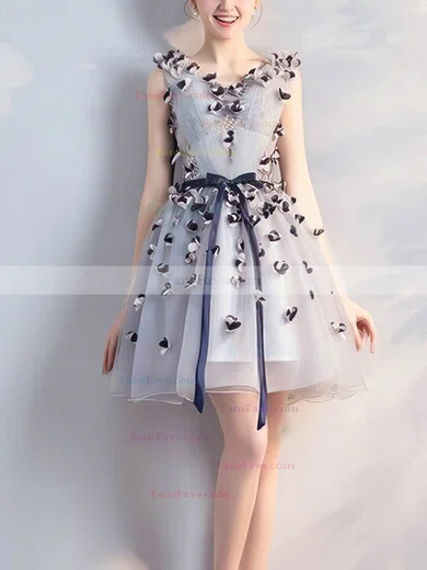 A-line V-neck Lace Tulle Short/Mini Homecoming Dresses With Flower(s) #Favs020110067