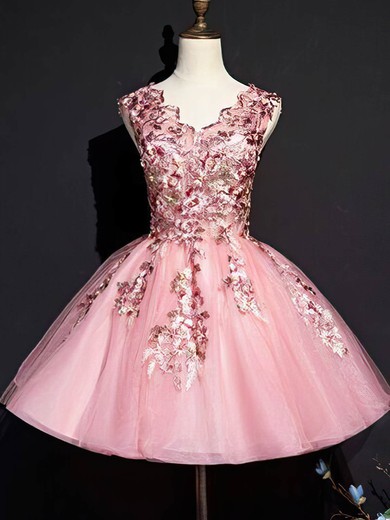 Ball Gown V-neck Lace Tulle Short/Mini Homecoming Dresses With Appliques Lace #Favs020110075