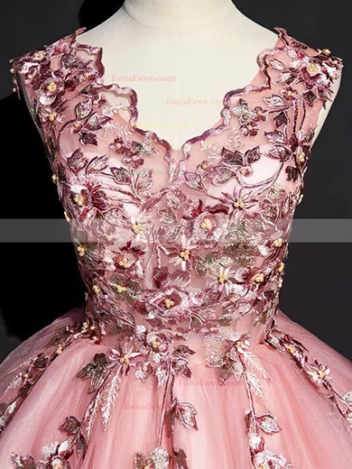 Ball Gown V-neck Lace Tulle Short/Mini Homecoming Dresses With Appliques Lace #Favs020110075