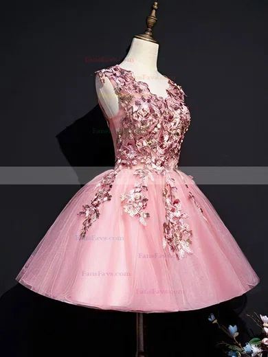Ball Gown V-neck Lace Tulle Short/Mini Homecoming Dresses With Appliques Lace #Favs020110075