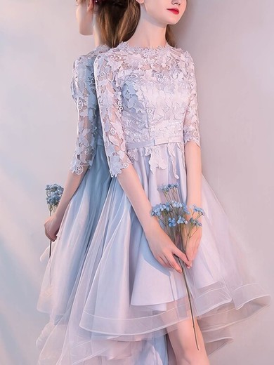 A-line Scoop Neck Lace Tulle Asymmetrical Homecoming Dresses With Appliques Lace #Favs020110080