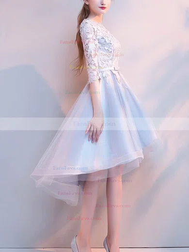 A-line Scoop Neck Lace Tulle Asymmetrical Homecoming Dresses With Appliques Lace #Favs020110080