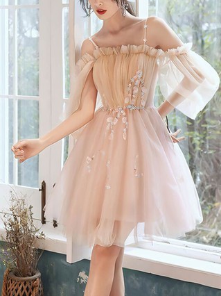A-line Off-the-shoulder Tulle Short/Mini Homecoming Dresses With Flower(s) #Favs020110086 A-line Off-the-shoulder Tulle Short/Mini Homecoming Dresses With Flower(s) #Favs020110086