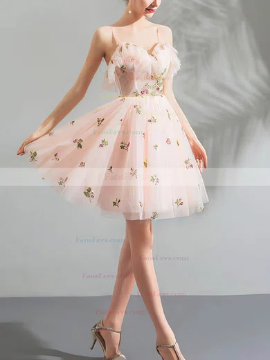 A-line V-neck Tulle Short/Mini Homecoming Dresses With Flower(s) #Favs020110087