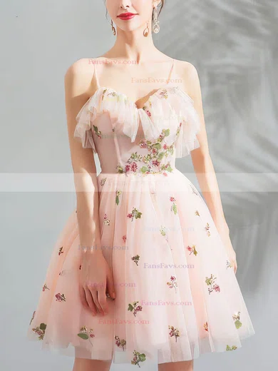 A-line V-neck Tulle Short/Mini Homecoming Dresses With Flower(s) #Favs020110087