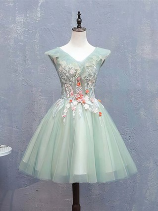 A-line V-neck Lace Tulle Short/Mini Homecoming Dresses With Flower(s) #Favs020110088 A-line V-neck Lace Tulle Short/Mini Homecoming Dresses With Flower(s) #Favs020110088