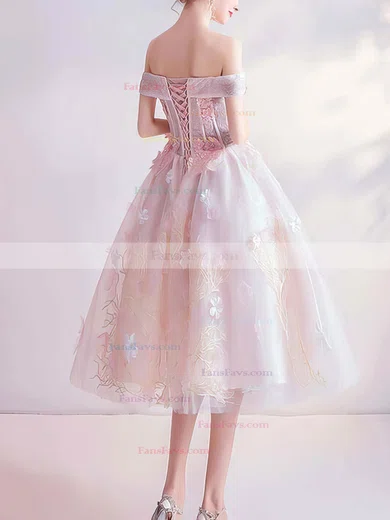 A-line Off-the-shoulder Lace Tulle Tea-length Homecoming Dresses With Appliques Lace #Favs020110089