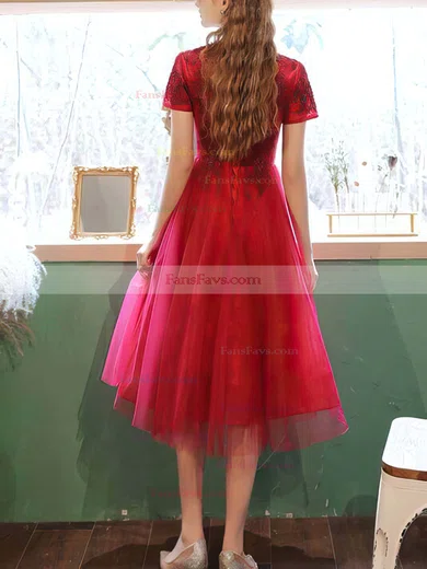 A-line V-neck Lace Tulle Tea-length Homecoming Dresses With Appliques Lace #Favs020110090