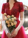 A-line V-neck Lace Tulle Tea-length Homecoming Dresses With Appliques Lace #Favs020110090
