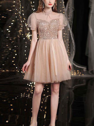 A-line High Neck Tulle Short/Mini Homecoming Dresses With Beading #Favs020110091 A-line High Neck Tulle Short/Mini Homecoming Dresses With Beading #Favs020110091