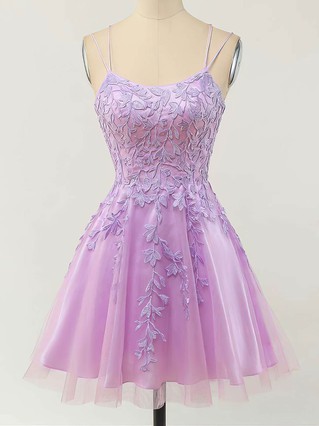 A-line Scoop Neck Lace Tulle Short/Mini Homecoming Dresses With Appliques Lace #Favs020110093