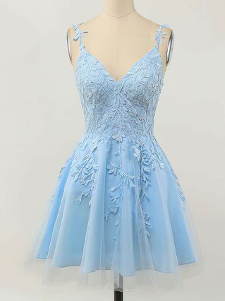 A-line V-neck Lace Tulle Short/Mini Homecoming Dresses With Appliques Lace #Favs020110094 A-line V-neck Lace Tulle Short/Mini Homecoming Dresses With Appliques Lace #Favs020110094
