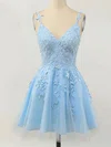 A-line V-neck Lace Tulle Short/Mini Homecoming Dresses With Appliques Lace #Favs020110094
