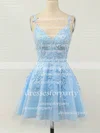 A-line V-neck Lace Tulle Short/Mini Homecoming Dresses With Appliques Lace #Favs020110094