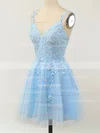 A-line V-neck Lace Tulle Short/Mini Homecoming Dresses With Appliques Lace #Favs020110094