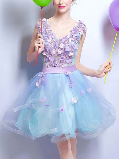 A-line V-neck Organza Short/Mini Homecoming Dresses With Flower(s) #Favs020110095