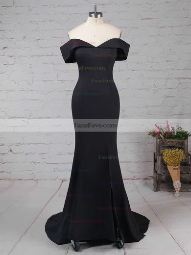 Trumpet/Mermaid Off-the-shoulder Silk-like Satin Sweep Train Split Front Prom Dresses #Favs020105741
