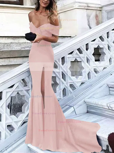 Trumpet/Mermaid Off-the-shoulder Silk-like Satin Sweep Train Split Front Prom Dresses #Favs020105741