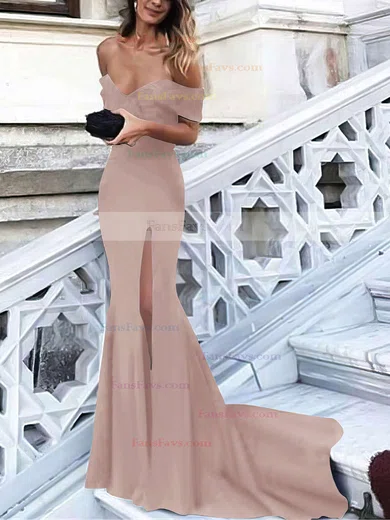 Trumpet/Mermaid Off-the-shoulder Silk-like Satin Sweep Train Split Front Prom Dresses #Favs020105741