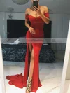 Trumpet/Mermaid Off-the-shoulder Silk-like Satin Sweep Train Split Front Prom Dresses #Favs020105741